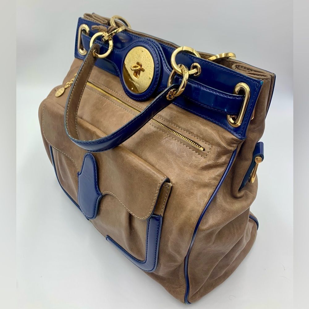 Auth Balenciaga Smooth Brown Leather Navy Patent Top Handle Moon Bag Preloved - Picture 7 of 14